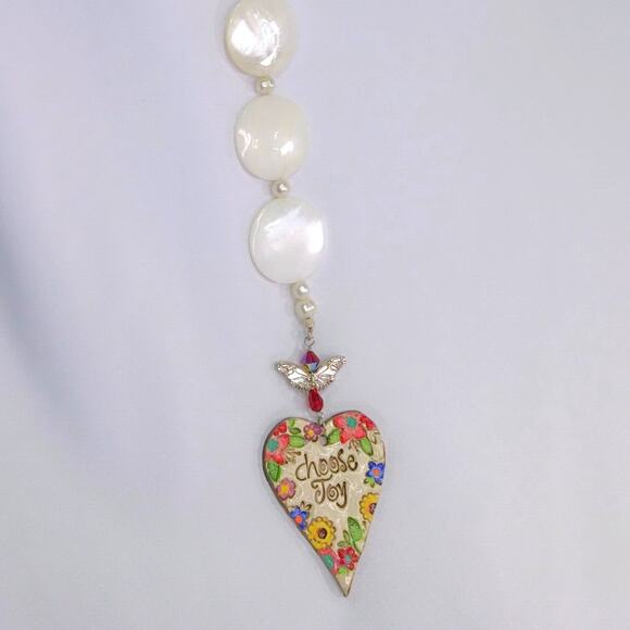 Artisan Ceramic Heart Suncatcher Choose Joy Tibetan Silver Beaded Crystals NEW - Picture 7 of 12